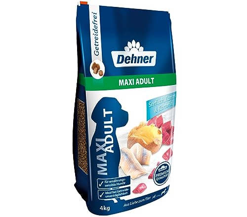 Dehner Premium Hundefutter Maxi Adult, Trockenfutter getreidefrei, für ausgewachsene Hunde großer Rassen, Fisch / Lamm / Kartoffel, 4 kg von Dehner