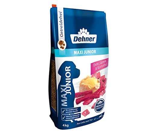 Dehner Premium Hundefutter Maxi Junior, Trockenfutter getreidefrei, für Welpen und junge Hunde großer Rassen, Ente / Lamm / Kartoffel, 4 kg von Dehner