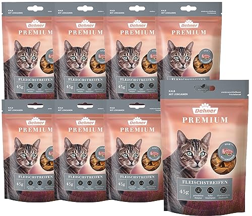 Dehner Premium Katzensnack, Leckerli glutenfrei / getreidefrei, Fleischstreifen für Katzen, Kalb / Leinsamen, 8 x 45 g (360 g) von Dehner