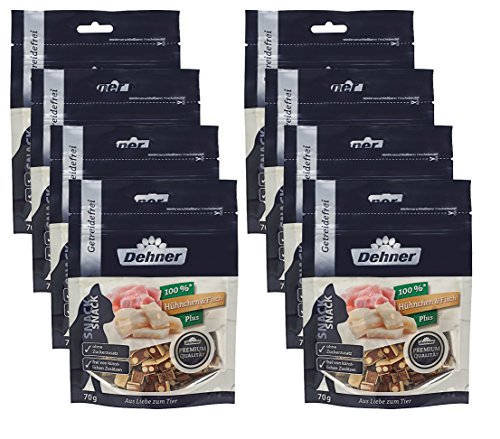 Dehner Premium Katzensnack, Leckerli getreidefrei / zuckerfrei, für ausgewachsene / übergewichtige Katzen, Hühnchen / Fisch / Käse, 8 x 70 g (560 g) von Dehner