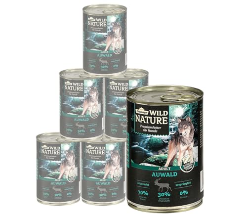 Dehner Wild Nature Hundefutter Auwald, Nassfutter getreidefrei / zuckerfrei, für ausgewachsene Hunde, Geflügel / Wild, 6 x 400 g Dose (2.4 kg) von Dehner