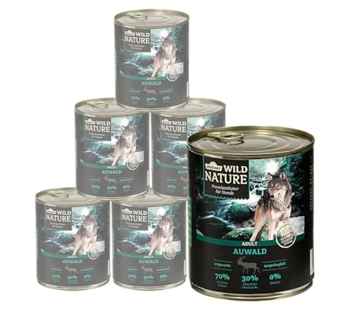 Dehner Wild Nature Hundefutter Auwald, Nassfutter getreidefrei / zuckerfrei, für ausgewachsene Hunde, Geflügel / Wild, 6 x 800 g Dose (4.8 kg) von Dehner