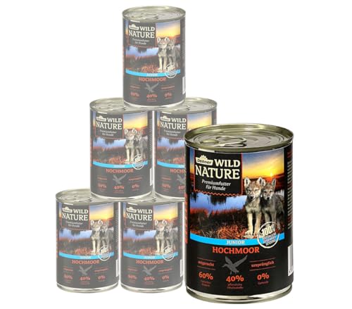 Dehner Wild Nature Hundefutter Hochmoor, Nassfutter getreidefrei / zuckerfrei, für Welpen und junge Hunde, Gefügel / Ente, 6 x 400 g Dose (2.4 kg) von Dehner