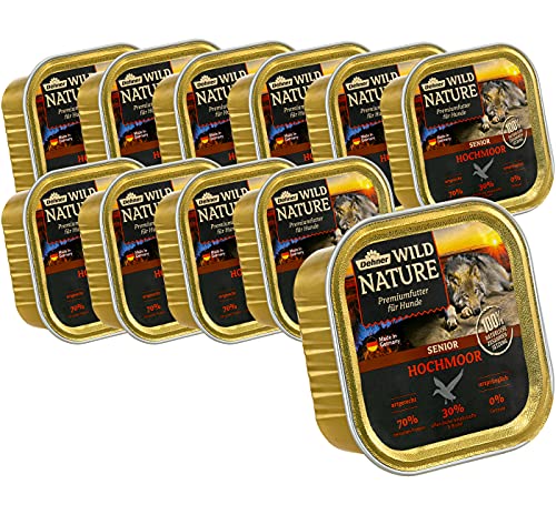 Dehner Wild Nature Hundefutter Hochmoor, Nassfutter getreidefrei / zuckerfrei, für ältere Hunde, Ente, 11 x 150 g Schale ( 1.65 kg) von Dehner