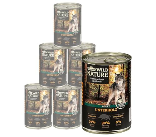 Dehner Wild Nature Hundefutter Unterholz, Nassfutter getreidefrei / zuckerfrei, für ausgewachsene Hunde, Rind / Wildschwein / Lamm, 6 x 400 g Dose (2.4 kg) von Dehner