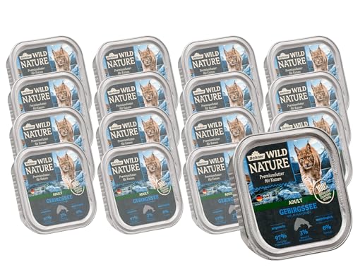 Dehner Wild Nature Katzenfutter Gebirgssee, Nassfutter getreidefrei / zuckerfrei, für ausgewachsene Katzen, Lachs / Forelle, 16 x 100 g Schale (1.6 kg) von Dehner