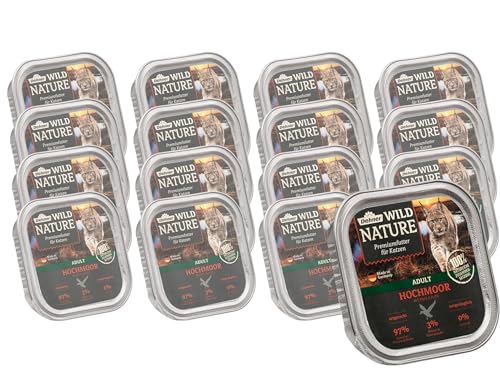 Dehner Wild Nature Katzenfutter Hochmoor, Nassfutter getreidefrei / zuckerfrei, für ausgewachsene Katzen, Ente / Pute, 16 x 100 g Schale (1.6 kg) von Dehner