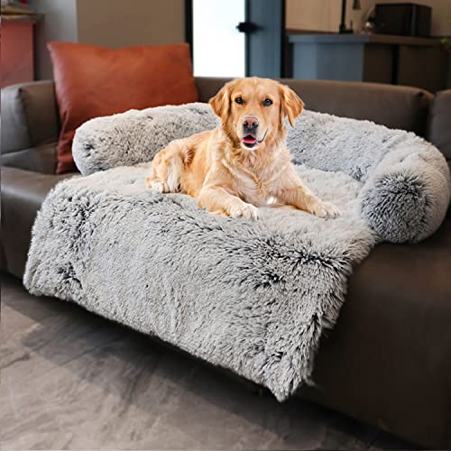 Dekeyoo Beruhigendes Hundebett, Haustier-Couch-Schutz, Plüsch-Hundematte, Hundesofa, Haustiermöbelbezug mit weichem Nackenrolle, maschinenwaschbar, Silbergrau, groß von Dekeyoo