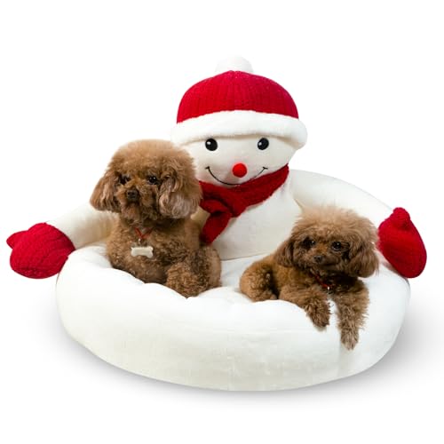 Dekeyoo Beruhigendes Hundebett mit Weihnachtsschneemann, 61 cm, rund, Donut, flauschiges Plüsch-Hundebett für mittelgroße und kleine Hunde, weiche PP-Baumwolle gefüllt, kleines Haustierbett, von Dekeyoo