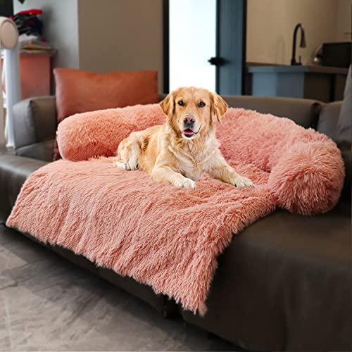 Dekeyoo Hundebetten für Couch mit weicher Nackenrolle, universeller Haustiermöbelbezug, Schlafsofa-Bezug, Plüsch-Hundebett und mehr für Hunde und Katzen, maschinenwaschbar, Rosa, X-Large von Dekeyoo