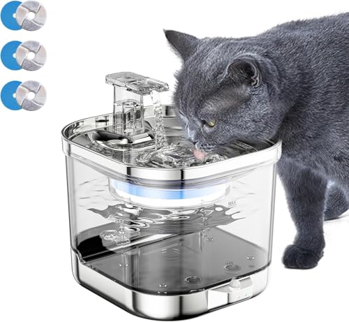 Delgeo Katzenbrunnen für Katzen,Katzen Wasserspender 2L mit Super leiser Pumpe und 3 Durchflussmodi,3 Katzen Trinkbrunnen Filter,Trinkbrunnen für Hunde Transparentes (Britishplug) von Delgeo