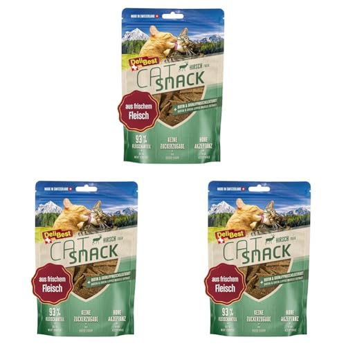 DeliBest Cat Snack aus 100% Schweizer Hirschfleisch I Katzen Leckerlies getreidefrei I halbfeuchte Leckerlies leicht verdaulich I Katzen Snack für Fellglanz I Allergiker geeignet I 45g (Packung mit 3) von DeliBest