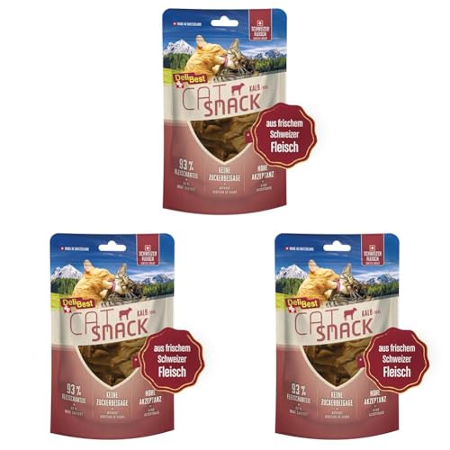 DeliBest Cat Snack aus 100% Schweizer Kalbfleisch I Katzen Leckerlies getreidefrei I halbfeuchte Leckerlies leicht verdaulich I Katzen Snack für Fellglanz I Allergiker geeignet 45g (Packung mit 3) von DeliBest