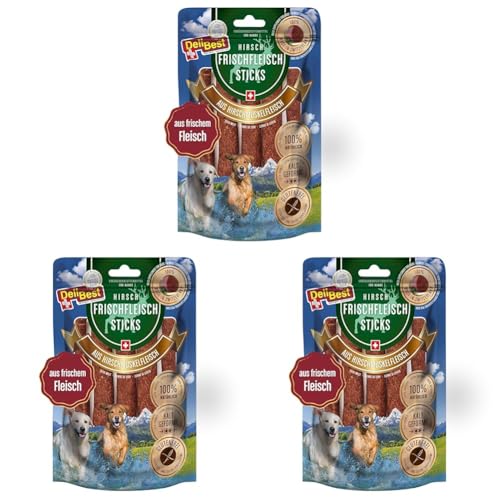 DeliBest Premium Hirschfleisch Sticks I natürlicher Hunde Snack leicht verdaulich I kalt geformt - sehr schmackhafte Hunde Leckerlies aus frischem Fleisch I 6 Stück (Packung mit 3) von DeliBest