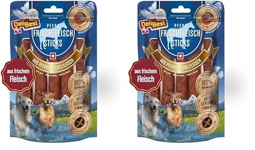 DeliBest Premium Pferdefleisch Sticks I Hundeleckerli mit wertvollen Inhaltsstoffen ist leicht verdaulich I kalt geformt - sehr schmackhafter Hunde Snack aus frischem Fleisch (Packung mit 2) von DeliBest