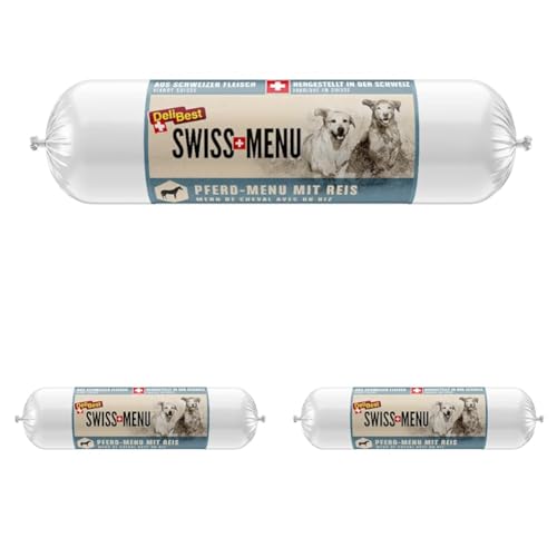 DeliBest Swiss MENU Pferd-Menu mit Reis I Nassfutter für Hunde aus 100% frischem Pferdefleisch I glutenfrei & ohne andere Zusätze I hochwertiges Hundefutter Adult I 400 g Hundewurst (Packung mit 3) von DeliBest