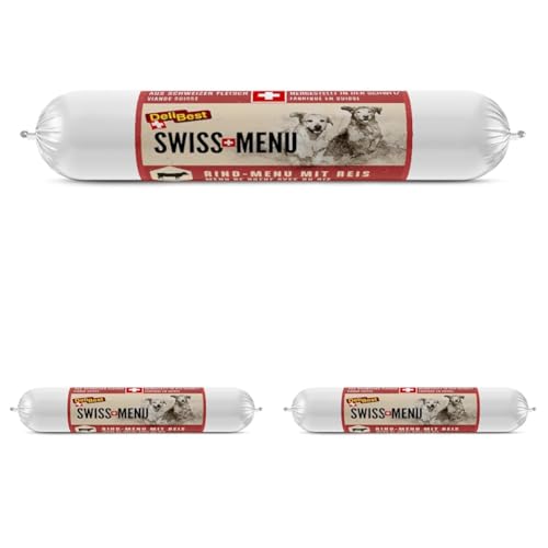 DeliBest Swiss MENU Rind-Menu mit Reis I Nassfutter für Hunde aus 100% Schweizer Rindfleisch I glutenfrei & ohne andere Zusätze I hochwertiges Hundefutter Adult I 200 g Hundewurst (Packung mit 3) von DeliBest