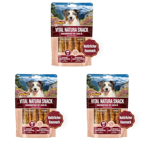 DeliBest Vital Natura Snack Wildlachsöl I Omega3 I Kausnack für Hunde I für jedes Alter I auch zur Zahnreinigung geeignet I natürlicher Kausnack I 200g Packung (Packung mit 3) von DeliBest