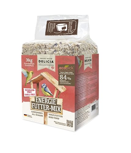 DELICIA® Vogelfutter Energie FutterMix (3kg) · Ganzjahresfutter für Wildvögel & Gartenvögel · Im wiederverschließbaren FrischePack · Streufutter für jeden Vogel · Vogelfutter ganzjährig von delicia