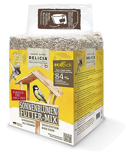 DELICIA® Vogelfutter Sonnenblumen FutterMix (6kg) · Ganzjahresfutter für Wildvögel & Gartenvögel · Im wiederverschließbaren FrischePack · Streufutter für jeden Vogel · Vogelfutter ganzjährig von delicia