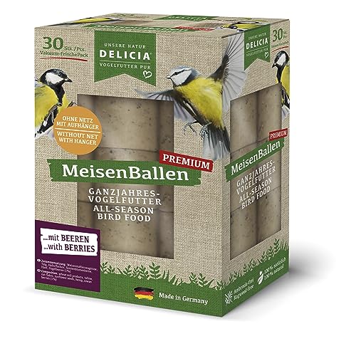 DELICIA® Premium MeisenBallen mit Beeren (30 St. ohne Netz) · Meisenknödel mit Aufhänger · Fettblock für Gartenvögel & Wildvögel · Vogelfutter Knödel · Körnerkugel zum Aufhängen von delicia