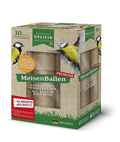 DELICIA® Premium MeisenBallen mit Insekten (30 St. ohne Netz) · Meisenknödel mit Aufhänger · Insektenknödel für Gartenvögel & Wildvögel · Vogelfutter Knödel · Körnerkugel zum Aufhängen von delicia