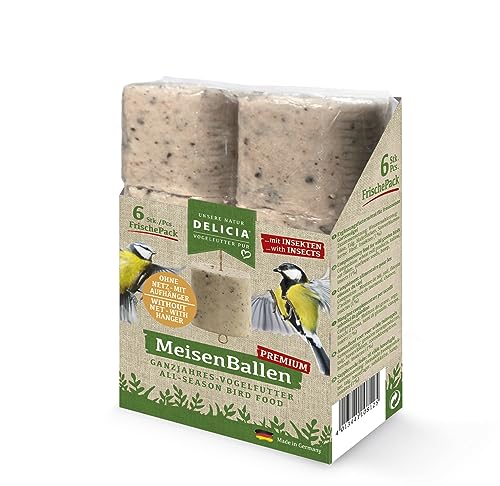 DELICIA® Premium MeisenBallen mit Insekten (6 St. ohne Netz) · Meisenknödel mit Aufhänger · Insektenknödel für Gartenvögel & Wildvögel · Vogelfutter Knödel · Körnerkugel zum Aufhängen von delicia