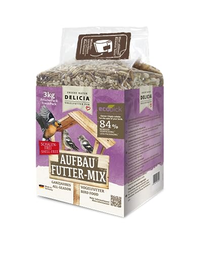 DELICIA® Vogelfutter Aufbau FutterMix (3kg) · Ganzjahresfutter für Wildvögel & Gartenvögel · Im wiederverschließbaren FrischePack · Streufutter für jeden Vogel · Vogelfutter ganzjährig von delicia