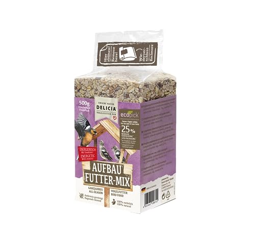 DELICIA® Vogelfutter Aufbau FutterMix (500g) · Ganzjahresfutter für Wildvögel & Gartenvögel · Im wiederverschließbaren FrischePack · Streufutter für jeden Vogel · Vogelfutter ganzjährig von delicia