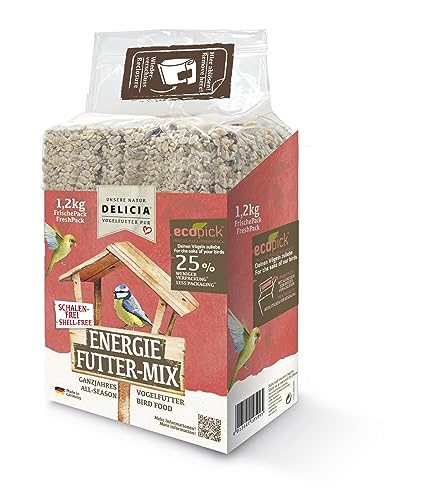 DELICIA® Vogelfutter Energie FutterMix (1,2kg) · Ganzjahresfutter für Wildvögel & Gartenvögel · Im wiederverschließbaren FrischePack · Streufutter für jeden Vogel · Vogelfutter ganzjährig von delicia