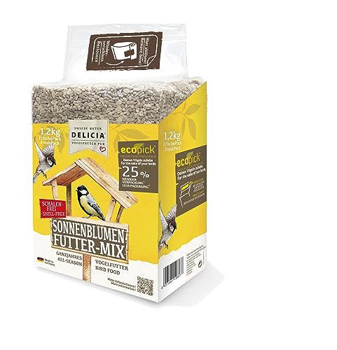 DELICIA® Vogelfutter Sonnenblumen FutterMix (1,2kg) · Ganzjahresfutter für Wildvögel & Gartenvögel · Im wiederverschließbaren FrischePack · Streufutter für jeden Vogel · Vogelfutter ganzjährig von delicia