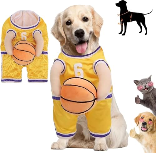 Hunde Basketball Kostüm mit Ball, Hundekostüm Basketball, mit verstellbaren Trägern, Hunde Halloween Kostüm, Hunde Kleidung, Hunde Basketball Kostüm (Gelb, L) von Demiawaking