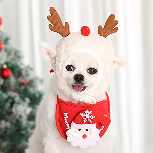 Warm Hund Katzen Weihnachtskostüm Weihnachten Deko Kleidung Haustier Schal Weihnachtsmütze Kragen Lätzchen Dress up Kostüm Cospaly (Geweihmütze+Rot Speichelhandtuch, L) von Demiawaking