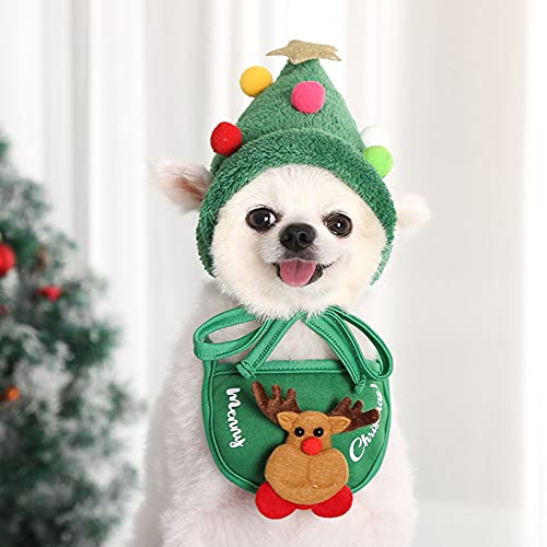 Warm Hund Katzen Weihnachtskostüm Weihnachten Deko Kleidung Haustier Schal Weihnachtsmütze Kragen Lätzchen Dress up Kostüm Cospaly (Weihnachtsmütze+Grün Speichelhandtuch, L) von Demiawaking