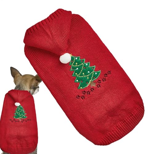 Demsyeq Weihnachtspullover für Hunde, warme Kleidung mit Hut und Weihnachtsbaum-Muster, Haustierbekleidung, Hundepullover für kleine und mittelgroße Hunde von Demsyeq