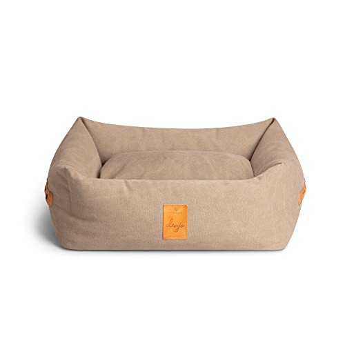 DENJO DOGS Nest Classic Hundebett Sand Beige Extra Large Kopfstütze Maschinenwaschbar Nachhaltige Eigenschaften Leder Details Recycelte Füllung Groß Hunde von Denjo Dogs