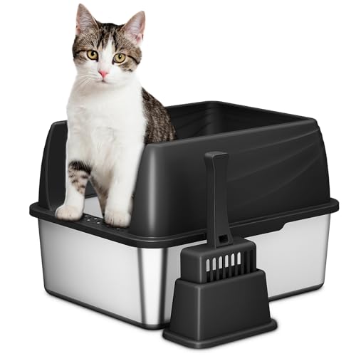 Denkee Katzentoilette aus Edelstahl für Kätzchen, kleine Metall-Katzentoiletten mit hohen Seiten, 43,2 cm L x 33,8 cm B x 29,5 cm H, nicht klebrig, Anti-Urinleckage, Schwarz von Denkee