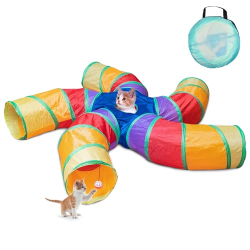 Depets Katzentunnel für Indoor-Katzen, 5-Wege-Katzenrohr mit Spielball, S-förmiges, gefaltetes Katzenspiel-Tunnel-Spielzeug für Indoor-Übung, langlebiger interaktiver Guckloch-Haustiertunnel für von Depets