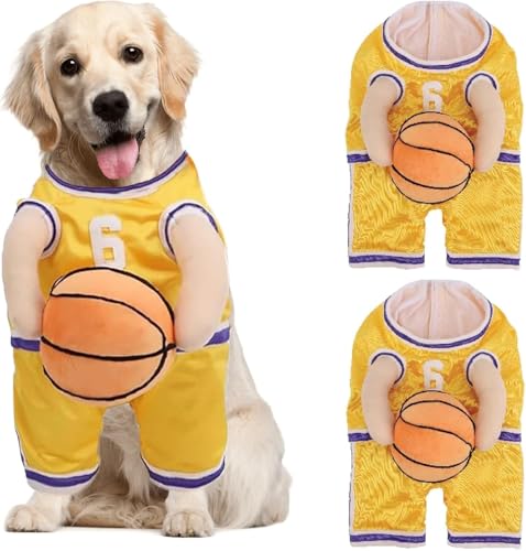 Hunde-Basketballkostüm mit Ball, Basketball-Hunde-Halloween-Kostüm, Basketballspieler-Kostüm mit Ball, hält Balldogge, Basketballtrikot mit Ballkostüm, verstellbare Träger (Gelb, 2 Stück, L) von Depploo