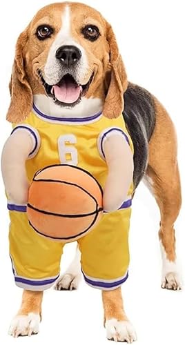 Hunde-Basketballkostüm mit Ball, Basketball-Hunde-Halloween-Kostüm, Hunde-Basketballspieler-Kostüm mit Ball, Ballhund-Basketballtrikot mit Ballkostüm, verstellbare Träger (Gelb, L) von Depploo