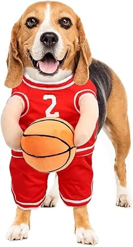 Hunde-Basketballkostüm mit Ball, Basketball-Hunde-Halloween-Kostüm, Hunde-Basketballspieler-Kostüm mit Ball, Ballhund-Basketballtrikot mit Ballkostüm, verstellbare Träger (Rot, L) von Depploo