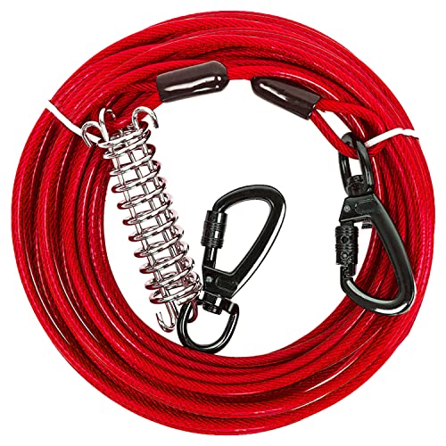 Derkriy Hundeleine für Hunde, robuste Hundeleine mit Feder und verbesserten drehbaren Clips, 9 m / 15 m Hundeläufer-Kabel für Hof, Camping, Park, außen (1,5 m) Rot) von Derkriy