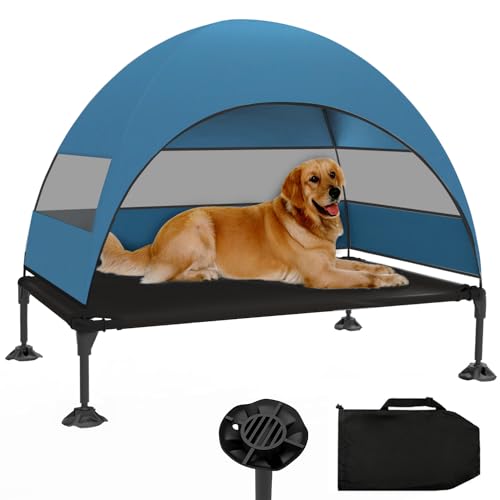 Erhöhtes Hundebett mit Baldachin, erhöhtes Outdoor-Hundebett mit stabilen Anti-Rutsch-Füßen, Haustierbett mit abnehmbarem Baldachin, Schattenzelt, Hundebett für große Hunde, drinnen und draußen (Blau, von Derkriy