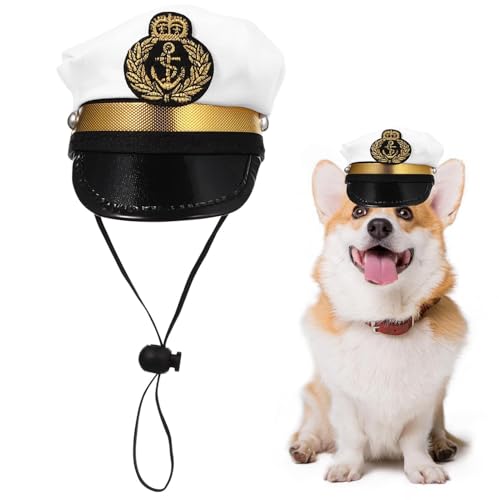 Derwrtup Hund Captain Hut, Seemannshut für Hund,White Captain Cosplay Hut mit Verstellbarer Schnur | Dress Kopfschmuck Foto -Requisiten, Katzenpuppen Marine Halloween Kostümzubehör von Derwrtup