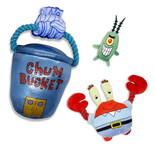 design LAB, Inc. Spongebob Schwammkopf, interaktives Hundespielzeug mit Zugseil und Quietschern, 3er-Pack, Plankton, Mr. Krabs und ikonischer Kumpel-Eimer von Design LAB Inc.