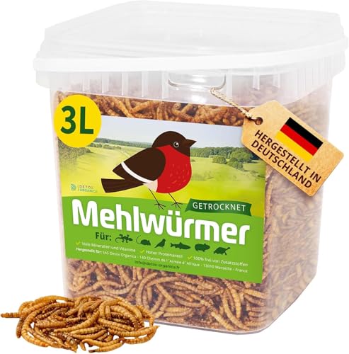 Mehlwürmer Getrocknet, 3L getrocknete Mehlwürmer mit sehr hohem Proteingehalt, Würmer für Reptilien, Vögel, Wildvögel, Igel, Fische, Schildkröten & Nager 460g – Premium Qualität von Detox Organica