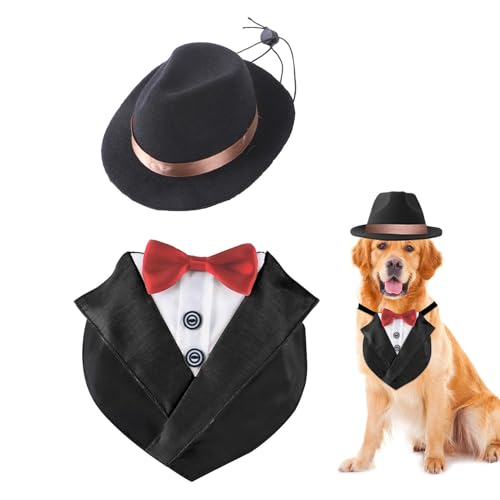 Dgayaeic Hochzeitsanzug für Hunde | Hundeprinz Hochzeit Fliege Hemd mit Hut | verstellbares, bequemes Hunde-Geburtstagskostüm für Golden Retriever Bulldogge von Dgayaeic