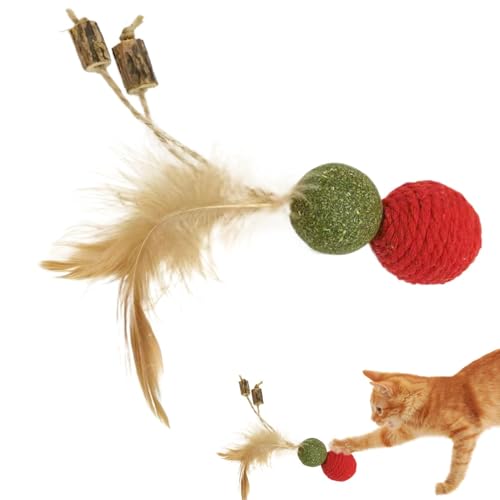 Dgayaeic Indoor-Katzenspielzeug, Katzenfeder-Teaser-Spielzeug, Kätzchen-Kau-Trainingsball, interaktive Spielzeit, mit Katzenminze infundierter Ball, 15 cm, Federn, Sisalseil, Katzenminze-Materialien von Dgayaeic