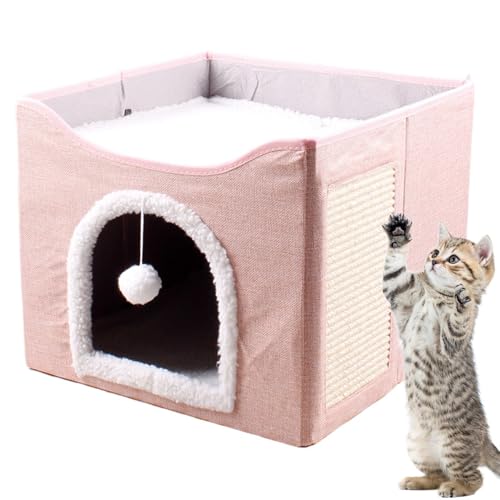 Großes Katzenbett, Faltbare Kätzchenhöhle, Pet Cat House -Würfel Kratzblock, gemütliche und geräumige Höhle, niedliches Schlafzelt -Design, inklusive Plüschballspielzeug, 41 x 41 x 35 cm für Kätzc von Dgayaeic