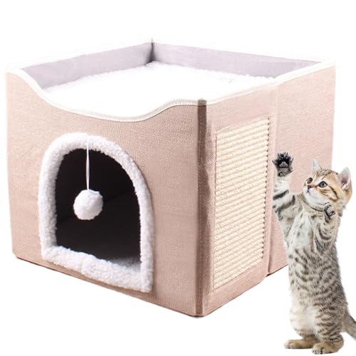 Großes Katzenbett, Faltbare Kätzchenhöhle, Pet Cat House -Würfel Kratzblock, gemütliche und geräumige Höhle, niedliches Schlafzelt -Design, inklusive Plüschballspielzeug, 41 x 41 x 35 cm für Kätzc von Dgayaeic